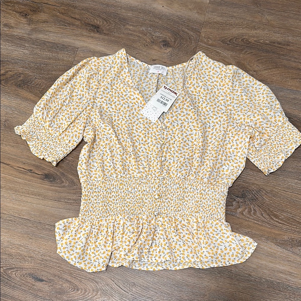 Sienna Sky Yellow Cream Puff Sleeve Blouse with Smocked Ruffles